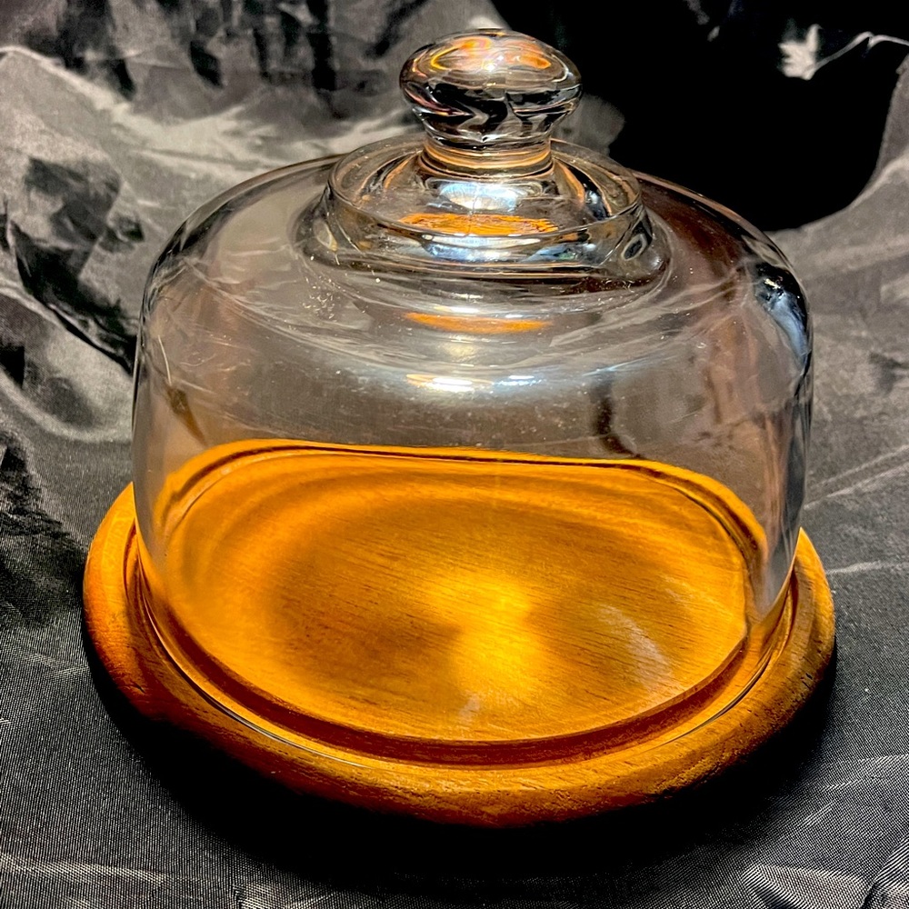 Vintage Teakwood Cheese Tray with Cloche Glass Dome